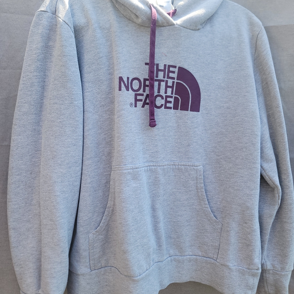 The North Face Light Gray Hoodie with Purple Logo and Drawcord
